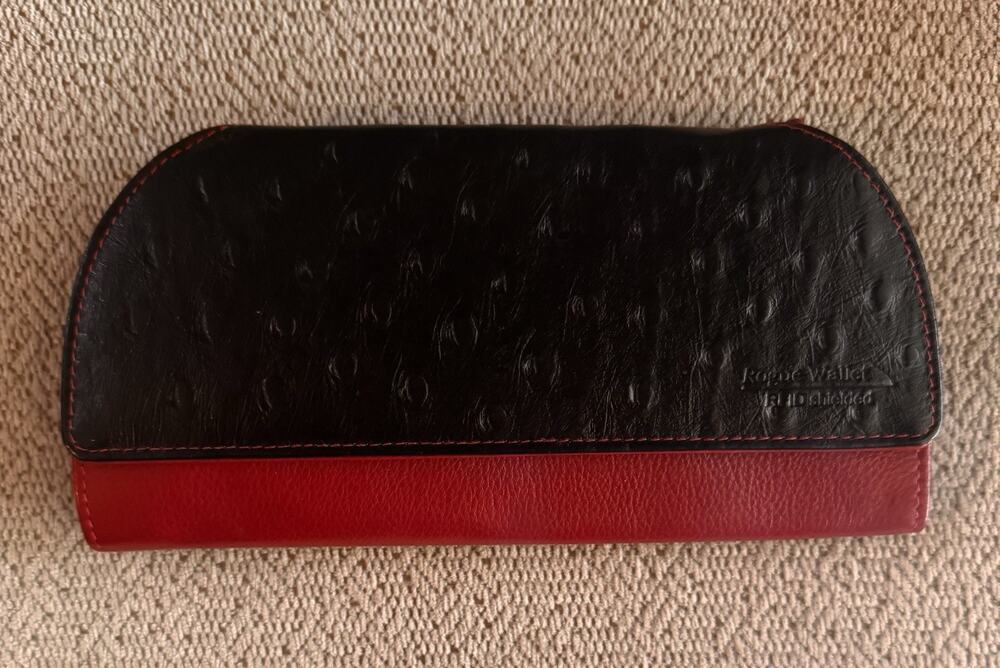 Rogue RFID Wallet Wristlet Clutch Ostrich Print Napa Leather Red Black